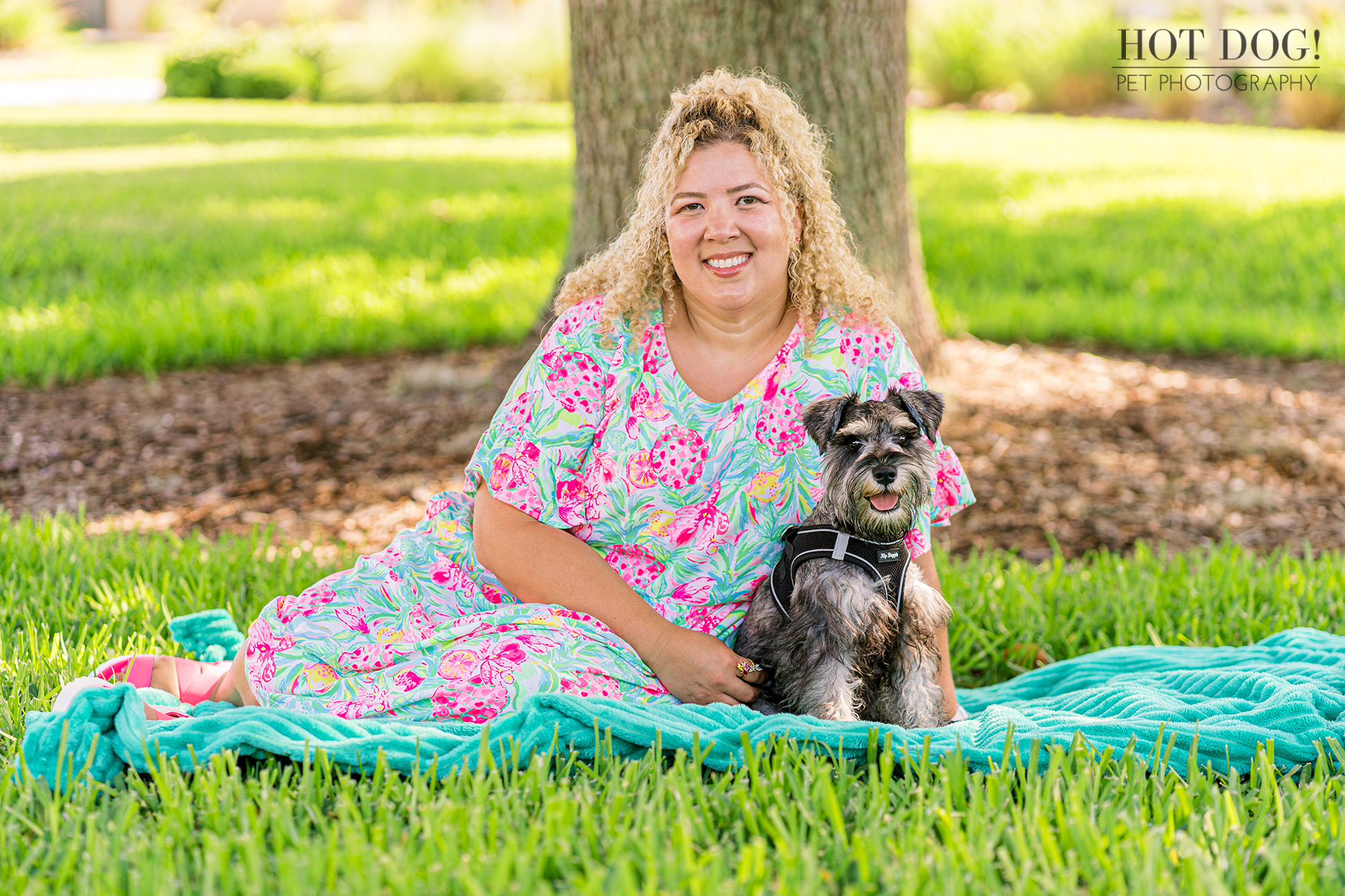 A photo of Arco, a miniature schnauzer puppy, soaking up the sunshine with his owner during a summer photoshoot.